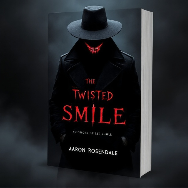A shadowy figure stands in the foreground, draped in a long black trench coat and wearing a wide-brimmed hat that obscures all facial features except for a chilling smile. The smile is unnaturally wide, revealing sharp, knife-like teeth glistening ominously in a crimson hue under a subtle moonlight glow. The background is a deep black, merging with hints of dark gray fog curling at the edges, suggesting an eerie night setting.