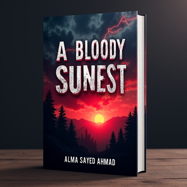 A tumultuous sky filled with dark storm clouds and vibrant lightning bolts dominates the upper half of the cover, creating a foreboding atmosphere. Below, a blood-red, ominous sunset casts a haunting glow over a shadowy forest silhouetted against the mountains. The transition between the sky and landscape appears as though dripping with blood, giving an unsettling and wild sensation.