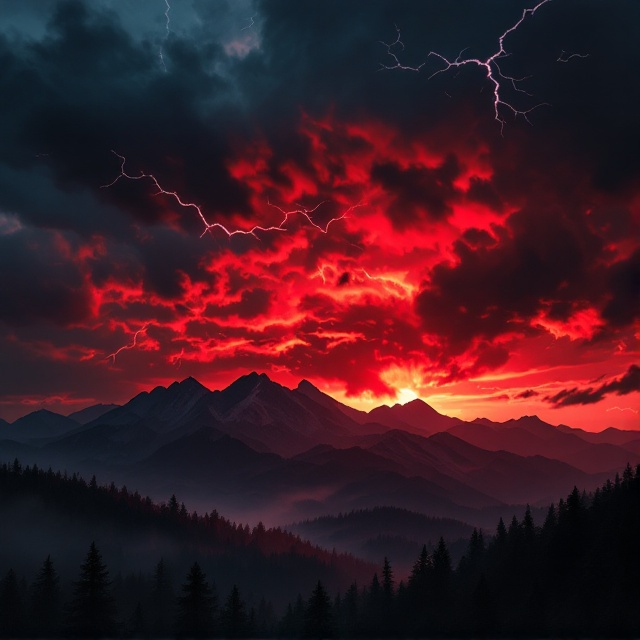 A dark, ominous mountain range silhouetted against a fiery red sunset splattered with streaks of deep crimson, creating the illusion of blood. Lightning bolts crackle across the stormy sky, illuminating the chaotic clouds, with the forest below shrouded in shadows.
