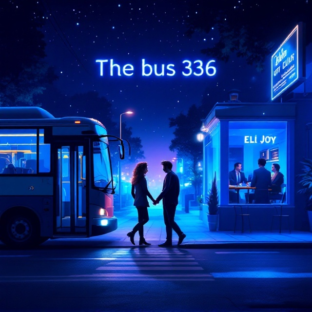 A nighttime urban street scene with a central perspective. On the left, a bus labeled '336,' with a tall man with curly hair stepping onto the first step, pulling a woman with long hair by the hand. Across the street on the right, a brightly lit café with large glass windows displays two men inside, glancing at each other. The street is bathed in serene blue neon light, with a dark starry sky above.