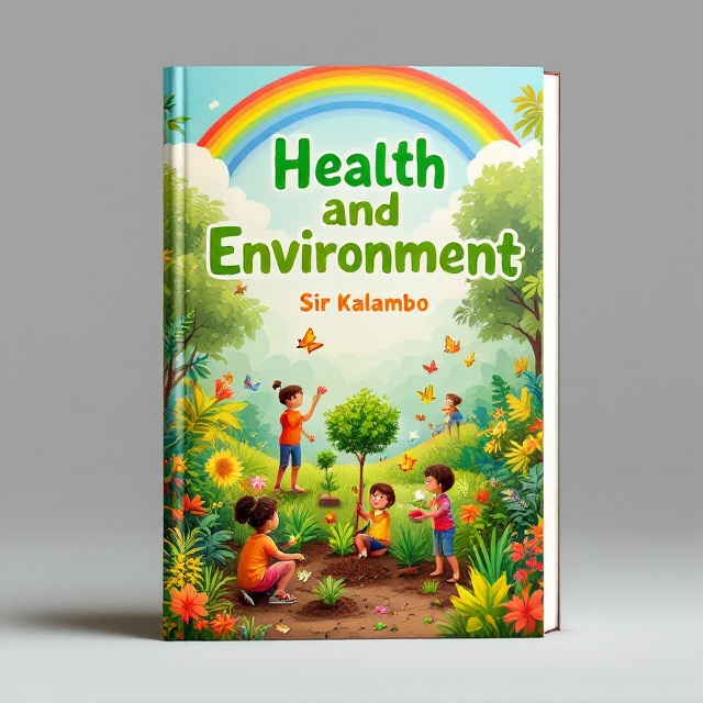 A vibrant, colorful scene depicting a lush natural environment filled with various plants and animals. In the foreground, children are actively engaged in planting trees and playing with butterflies, illustrating a joyful interaction with nature. Above them, a rainbow arches across a partly cloudy sky, adding a touch of whimsy and imagination.