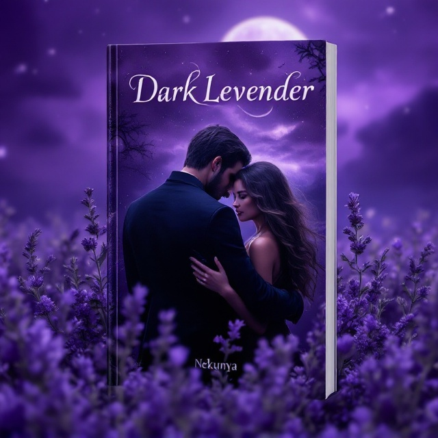A moonlit night scene with a deep purple sky forms the backdrop. In the foreground, a beautiful girl with long, flowing hair is shown being embraced from behind by a dark, mysterious mafia figure. His gun is subtly visible in his hand near the girl’s head. The scene is slightly blurred around the edges to create a sense of ethereal mystery and intensity. Lavender flowers are scattered throughout the scene, blending into the purple tones of the background.