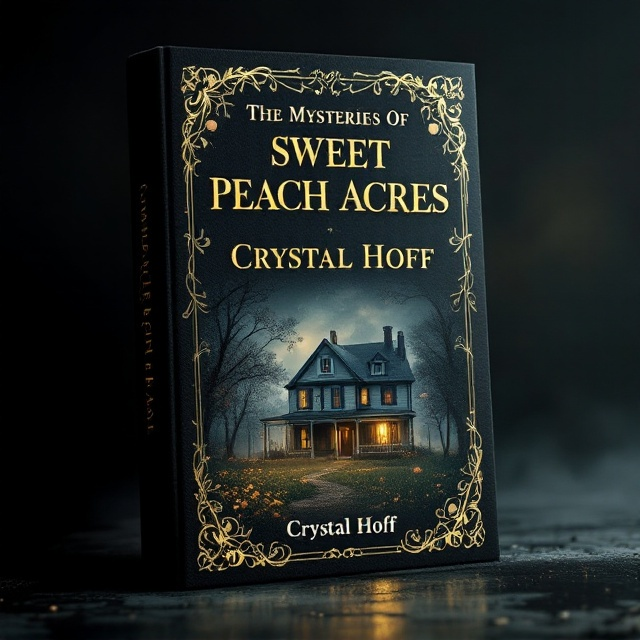 A dark, misty background with a beautiful gold accent of an old farmhouse at the center, surrounded by peach trees. The farmhouse is elegantly aged, adding a touch of mystery. There is a faint golden light emanating from the windows, suggesting hidden secrets within. The edges are adorned with vines and leaves, subtly intertwining with the overall design.