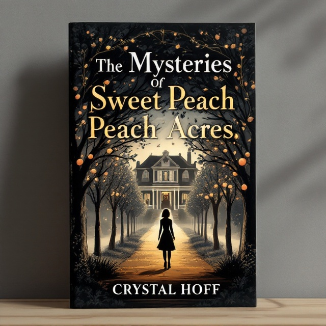 Illustrated scene of Betsy standing in front of her home, Sweet Peach Acres. The house appears slightly enshrouded by mist, suggesting mystery and intrigue. A row of peach trees lines the path, their branches forming a subtle arch that frames Betsy. The overall illustration blends shades of black and gold, with golden highlights on the peach trees and house accents.