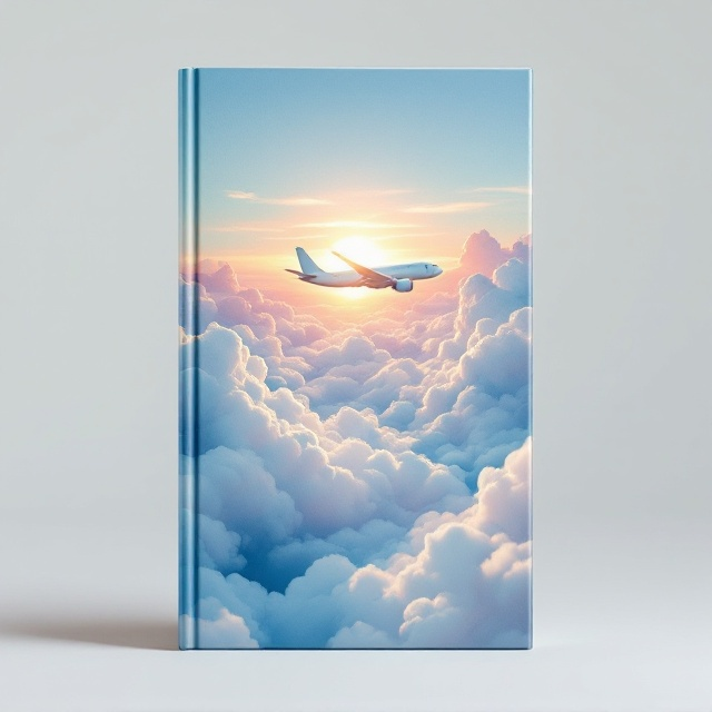 An abstract aerial view depicting a plane soaring through a clear sky, surrounded by dynamic, swirling clouds painted in pastel hues. The sun is setting in the background, casting a warm, golden glow that fills the cover with a joyful and inviting atmosphere.