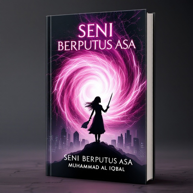 A dynamic spiral of pink and black energy swirls across the cover, hinting at magic and electricity. At the center of the spiral, a determined girl stands with a sword raised and a map in her other hand, symbolizing her journey and the battles she undertakes. Her silhouette is partially enshrouded in mist, adding an element of mystery against a backdrop of abstract cityscapes that subtly form an intricate illusion or paradox pattern.