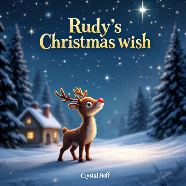 Rudy, a small reindeer with a glowing red nose, stands under a starry winter sky, looking up at the North Star. Snowflakes gently fall around him, and a warm glow from Santa's workshop shines in the distance. In the background is Betsy's home, partially concealed by snow-covered pine trees, adding an element of mystery.