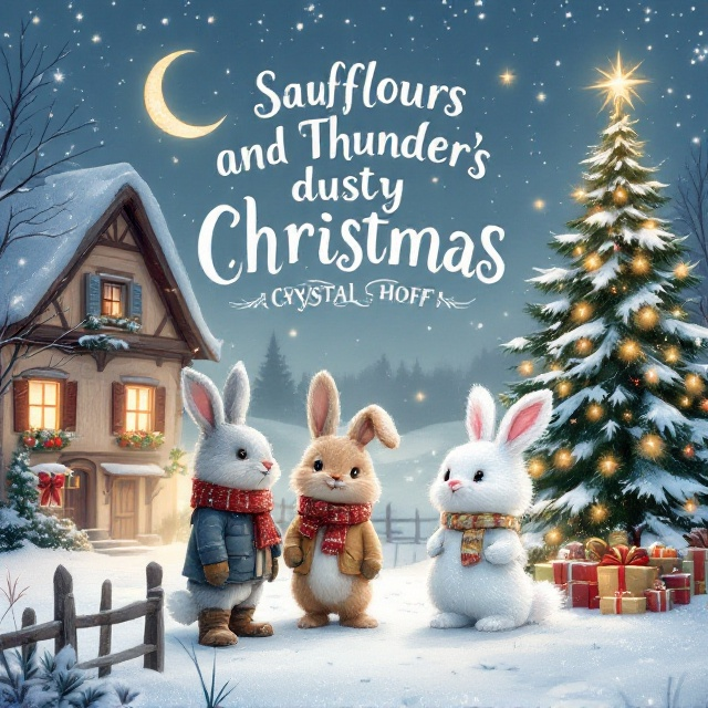 The cover features a gentle snowfall blanketing a charming countryside scene. A rustic, cozy house sits in the background with warm light glowing from its windows, suggesting Christmas warmth. In the foreground, the characters Saufflours, a fluffy, adventurous rabbit wearing a scarf and mittens, Thunder, a strong but gentle protector in a winter jacket and boots, and the Dusty Bunny with a sparkly snow-covered appearance, are illustrated, framed by an enchanting crescent moon and stars above. A beautifully decorated Christmas tree with twinkling lights and scattered presents adds to the festive joy.