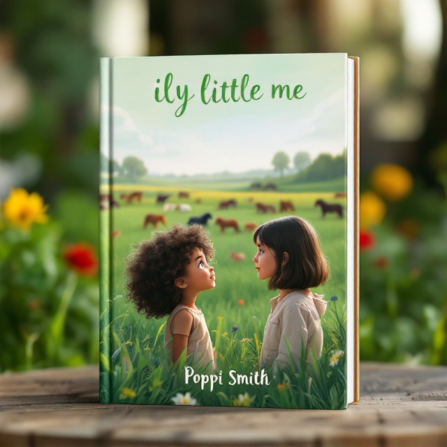 The cover features a lush, green field stretching out into the horizon, filled with a variety of animals like horses and dogs. In the foreground, a little girl with curly, dark brown hair and eyes gazes in wonder at an older girl who mirrors her appearance but has short, straight hair. The two are positioned slightly off-center to allow the field and animals to play a significant role in the background, creating a sense of depth and liveliness. The scene is cast in a soft, diffused light, evoking a feeling of warmth and connection.