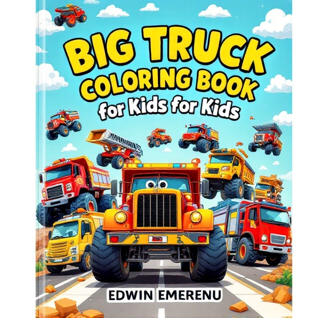 A lively and colorful illustration of various trucks such as monster trucks, fire trucks, and dump trucks spread across the cover. These trucks should be stylized with exaggerated, playful features appealing to young children. The background is a vibrant sky blue to make the trucks stand out, with clouds and road elements to enhance the playful scene. The trucks should have bold outlines with bright colors like red, yellow, and green to attract attention.
