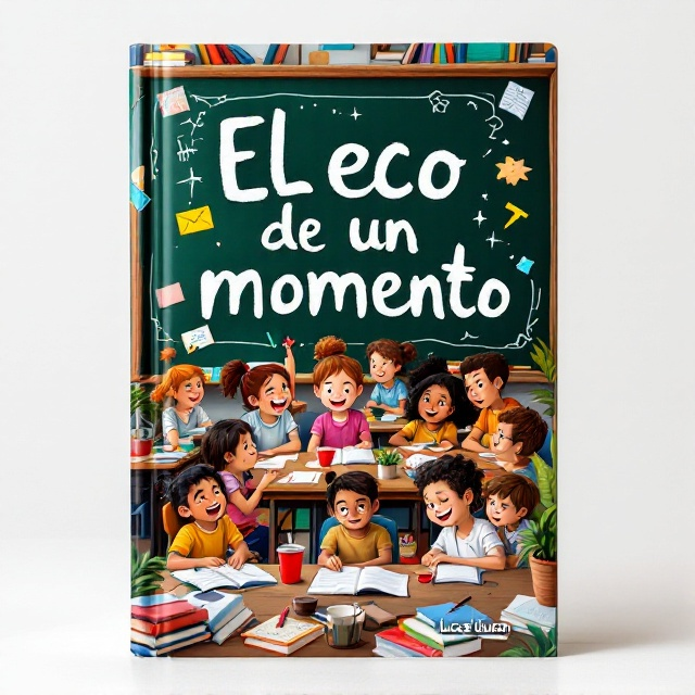 The cover features a lively classroom scene with diverse students engaged in activities that reflect a range of emotions—happiness, sadness, excitement, and anger. The classroom is richly detailed, with books, a chalkboard, colorful posters, and varied expressions on students' faces. The title "EL eco de un momento V.1 V.2 Y V.3" is artfully integrated into the scene, appearing as if it is written on the chalkboard.