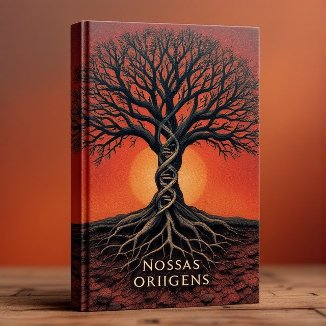 A striking central image of a tree composed of intertwining DNA strands, symbolizing the deep connection to ancestry. The tree roots extend into a geological matrix, integrating layers of rock and soil, suggesting deep familial and historical ties. The background is a subtle gradient of earthy reds, evoking warmth and belonging.
