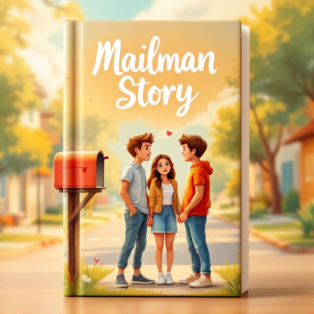 The cover features a bright, sunny suburban neighborhood with a charming mailbox in the foreground. In the background, two boys and one girl are depicted in a love triangle pose the girl is standing between the two boys, holding hands with both and looking ambiguously affectionate. The overall color scheme is warm and cheerful, with pastel tones and an inviting atmosphere.