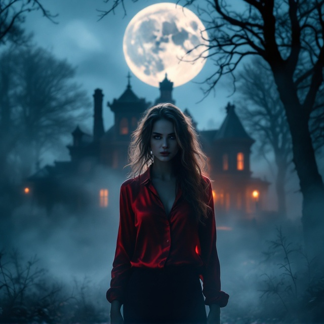 In a cinematic, photo-realistic style, the cover features Lila standing at the forefront, partially illuminated by the mansion's warm glow. Her red silk blouse stands out against the cool, moonlit setting. A mysterious mist swirls around her, casting eerie shadows from the mansion and trees. Jake Sullivan stands protectively behind her, enhancing the dynamic tension. The full moon hangs prominently, diffusing light that enhances the moody, suspenseful atmosphere. This composition captures the essence of isolation, resolve, and the budding tension-filled romance.
