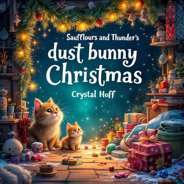 A whimsical scene set in a cozy attic filled with enchanting holiday trinkets scattered around. In the forefront, Saufflours and Thunders peek out charmingly from the corner under a small, worn tinsel garland, their unique characteristics highlighted. The space is bright and colorful, evoking feelings of holiday joy, mystery, and adventure with twinkling lights and shadows casting magical patterns.
