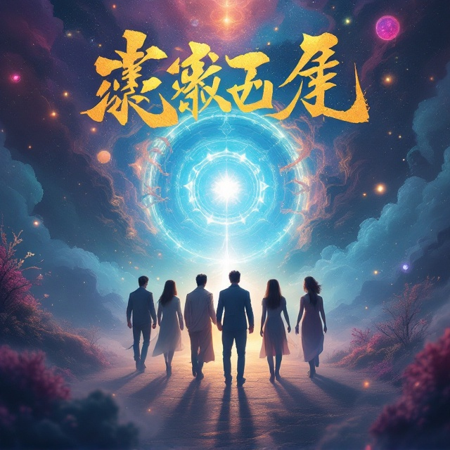 A surreal landscape of vivid colors, blending various mythical elements such as mystical creatures, glowing orbs, and ethereal fog. The seven protagonists, a diverse group of four men and three women, are depicted walking toward an illuminated portal, each radiating a unique aura. Their figures are partially silhouetted against a backdrop of an enchanted multiverse, with celestial bodies scattered across the scene. The overall atmosphere is whimsical yet mysterious, pulling the viewer into a world of intrigue and adventure.