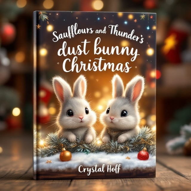 The cover showcases a cozy, warmly lit attic filled with holiday trinkets like ornaments, stockings, and brightly colored lights. In the foreground, two sibling dust bunnies, Saufflours and Thunders, are dressed in cute, tiny clothes. Saufflours has soft, sparkly fuzz, while Thunders sports a scruffy look with a lightning-shaped patch. They peek out from under a small, worn tinsel garland, with expressions of curiosity and wonder.