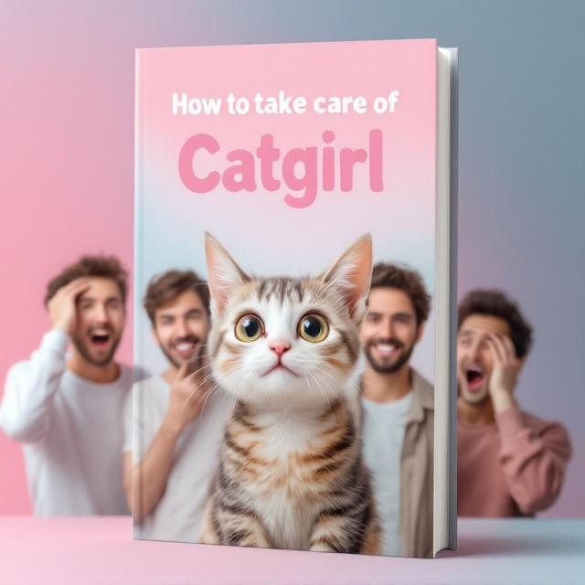 A playful and whimsical scene featuring a petite catgirl with large, expressive eyes and pointy ears, surrounded by four 20-something young men who appear to be in various states of amusement and bewilderment. The catgirl is centrally positioned in the foreground, while the young men are paced in the background exhibiting different animated expressions and poses, either scratching their heads, laughing, or looking bewildered. The background showcases a soft pastel gradient that highlights the humor aspect of the book.