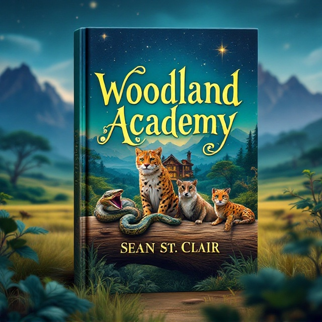 A vibrant and enchanting landscape fills the cover, featuring a wide savannah with lush green and brown tones. The focal point is a large log, where the bobcat, Burmese python, honey badger, Tokay gecko, and serval are artistically arranged, each slightly overlapping to create a sense of unity and camaraderie. The sky is a deep, mystical blue, dotted with faint stars to add a magical touch, while majestic mountains in the background create depth. A quaint yet grand wooden building partially visible behind the animals adds intrigue.