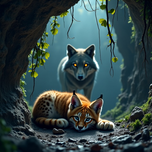 The cover features a dimly lit, atmospheric cave setting that immediately grabs attention. In the foreground, a lynx cub lies on its side, its paws bound with thick, twisting vines which appear almost serpentine. The muted tones of rock, moss, and mud create the cave’s textured environment, while the roots descend from the ceiling like ominous fingers. In the background, partially obscured by shadows, stands a menacing wolf, its eyes glowing with a malevolent intent, enhancing the suspense of the scene.