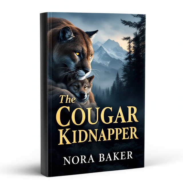 The cover displays a dramatic scene where a majestic cougar is positioned prominently on the left, gripping a muzzled and bound wolf pup by the scruff. The scene is set against a backdrop of a mysterious, mist-laden forest with tall trees reaching into a sky that transitions from deep blue at the top to a dusky brown near the tree line. Mountains loom in the distant background, cloaked in the twilight shadows, adding depth and intrigue. The cougar's fur glimmers in contrast with the green foliage, enhancing the suspenseful mood.