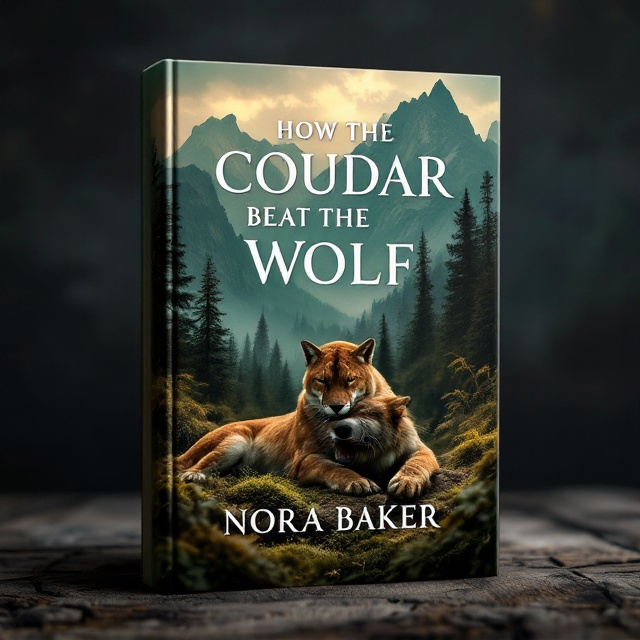 A dramatic scene captures the suspense and tension on the cover. A powerful cougar is depicted pinning a bound and muzzled adult wolf to the forest floor amidst lush greenery, capturing the raw emotion of the struggle. The background showcases towering mountainous silhouettes against a sky transitioning from dusk to dawn, blending shades of deep green, blue, and brown to evoke an enigmatic aura.
