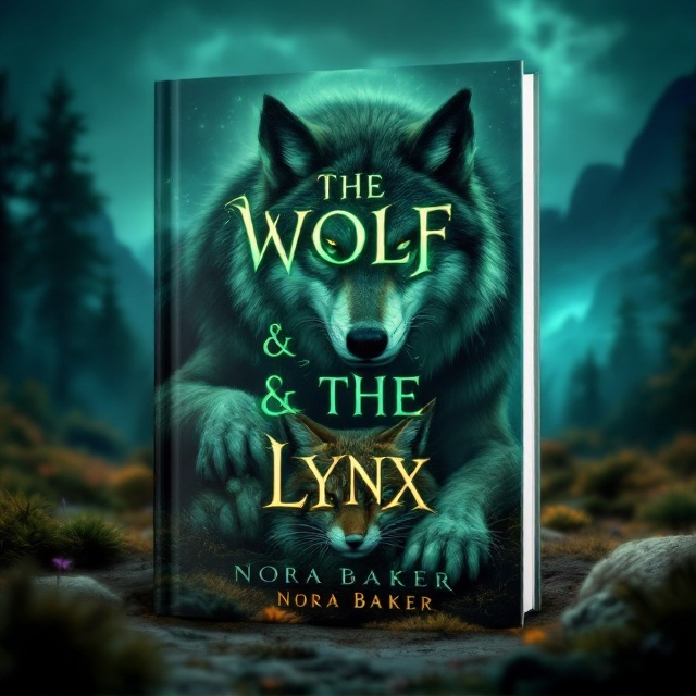 A wolf, with a dominant and smirking expression, is shown pinning down a bound and muzzled lynx. The wolf's eyes gleam with a sense of victory while the lynx’s eyes, full of frustration and fear, are intently locked with the wolf’s. The background features a foreboding, twilight sky with the silhouettes of trees and looming mountains in the distance. The palette primarily consists of deep greens, blues, and browns which blend into an ominous and magical forest setting.