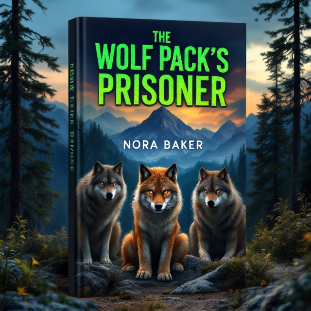 The cover features a tense and suspenseful scene set in a clearing under an expansive sky. The mountains in the background rise sharply, bathed in the eerie glow of twilight as the lingering daylight fades into night. Towering trees frame the edges, creating a natural border. In the foreground, a muzzled lynx with striking eyes sits tensely between two muscular wolf guards. The wolves have realistic fur textures and hostile expressions. The pack's alpha, a majestic and formidable figure with piercing eyes, sits on a rock, surveying the scene with authority. Ambient shadows dance around the clearing, heightening the suspenseful atmosphere.