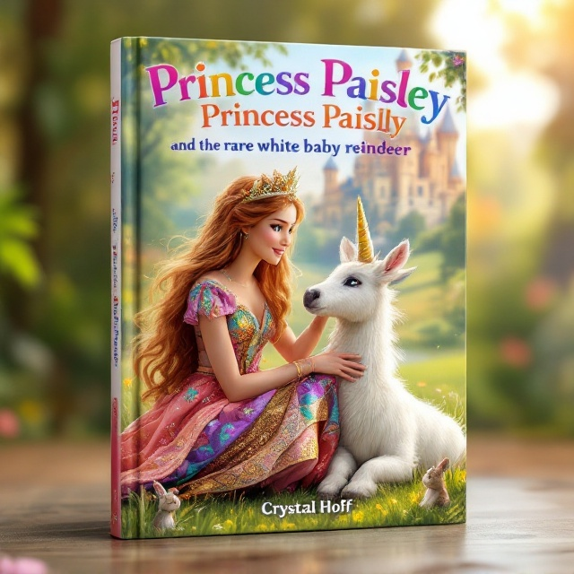 The cover features Princess Paisley, dressed in vibrant regal attire, kneeling beside an injured white baby reindeer. The setting includes a magical castle in the distant background, with warm sunlight bathing the scene, situating the moment in a lush green meadow. A friendly unicorn and a curious bunny peek from the edges of the image, both looking towards the princess and the reindeer, capturing the essence of a wondrous adventure.