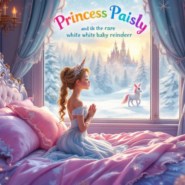The cover features Princess Paisly kneeling by her ornate bed draped in vibrant pastel linens. Her hands are folded in an attitude of wonder and anticipation, eyes softly closed. Framed perfectly by the frosty window, the glistening morning sun illuminates the backdrop, revealing a magical snow-covered forest. In the distance, the silhouette of a majestic castle is visible. Playful elements like a unicorn and a bunny peek in from the edges of the frame, suggesting whimsical adventure.