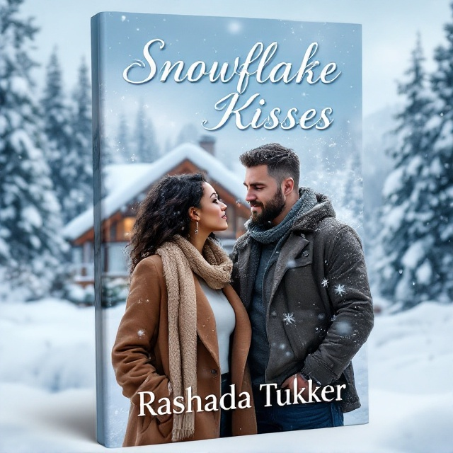 A cozy winter scene featuring a lodge surrounded by a gentle snowfall. In the foreground, the carmel-colored, curvy woman, dressed in smart business attire, looks contemplative. Slightly behind her, the rugged, stocky white man stands relaxed in casual winter clothing. Snowflakes artistically dance between them, symbolizing the connection that's forming. The background is a serene, snow-covered landscape under a bright sky blue color, enhancing the title's theme.