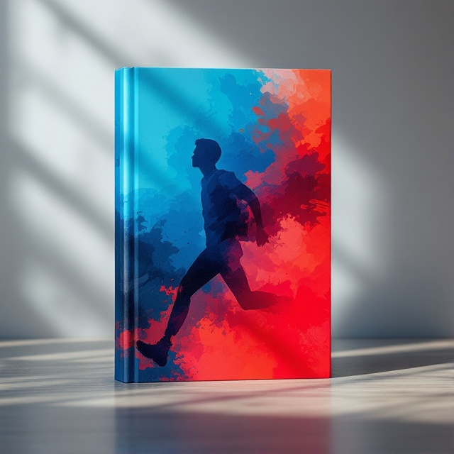 The cover features an abstract silhouette of a person in motion, symbolizing life's journey, painted in bold strokes of blue and red. The background is a gradient blending of these colors, representing the intertwining of struggle and happiness. Light and shadow play is used to depict varying emotions throughout the story.