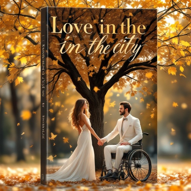 A serene city park scene with a large tree in the center, shedding golden leaves. A woman with long hair and a handsome man in a wheelchair are holding hands, both dressed in elegant white attire. They are positioned slightly to the right under the tree. The background is softly blurred, giving prominence to falling leaves and the couple. The overall tone is warm and romantic, with a soft white glow surrounding them to symbolize purity and love.