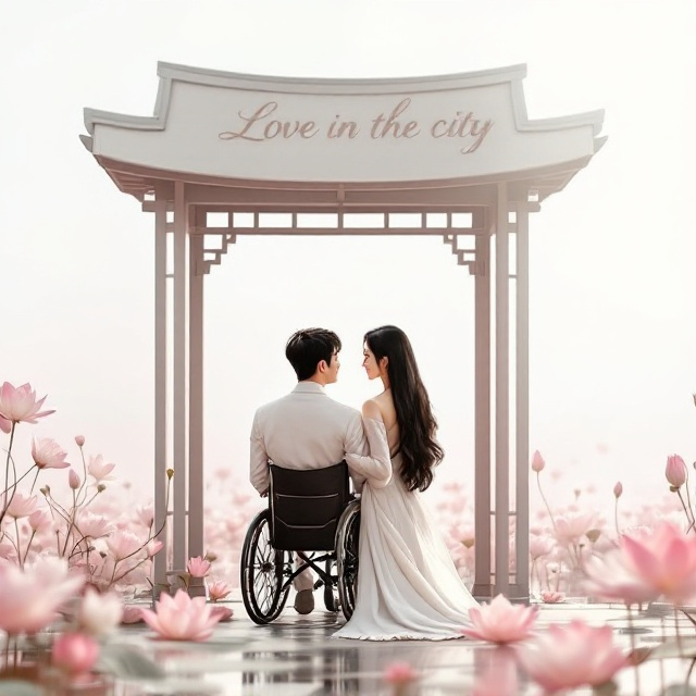 A serene scene featuring a Korean couple, the man in a wheelchair and both dressed in elegant white attire, stands in a pavilion surrounded by a pond filled with blooming lotus flowers. The pavilion exudes an oriental charm with delicate, wooden architectural details, and a soft, ethereal light enhances the romantic ambiance. The woman's long, flowing black hair cascades down her back, subtly capturing the gentle breeze.