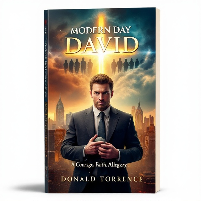 The foreground depicts a resolute man in a slightly disheveled suit, facing the viewer with intense determination. His right hand clutches a stone, symbolizing a modern day David's weapon of choice, while his left rests on his chest, expressing fierce conviction. To the left, a vibrant city skyline gleams with promise and prosperity, sharply contrasting with the right side, where six shadowy figures, representing The Legion of 6, emerge from swirling storm clouds. In the background, a radiant cross pierces through the storm, its light forming a protective shield over the protagonist, symbolizing hope and divine support. An American flag floats above this dramatic tableau, adding a sense of nationalism and identity to the scene.