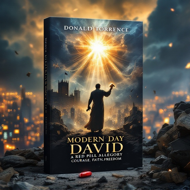 The cover features a single dynamic scene of the determined hero on the rooftop. The figure is in crisp detail, with the Bible glowing subtly in his left hand and the hammer glinting in the right. The rooftop is detailed with realistic crumbles, emphasizing tension. Behind, the cityscape with vibrant lights contrasts sharply against one ominous fortress shrouded with dark clouds and banners. Divine rays break dramatically from the clouds, illuminating the hero, while faint reflections of chains appear subtly in the sky. Torn documents with “Sanctum Insidiae 1913” blow in the wind. A red pill subtly rests in the rubble near the hero’s feet.