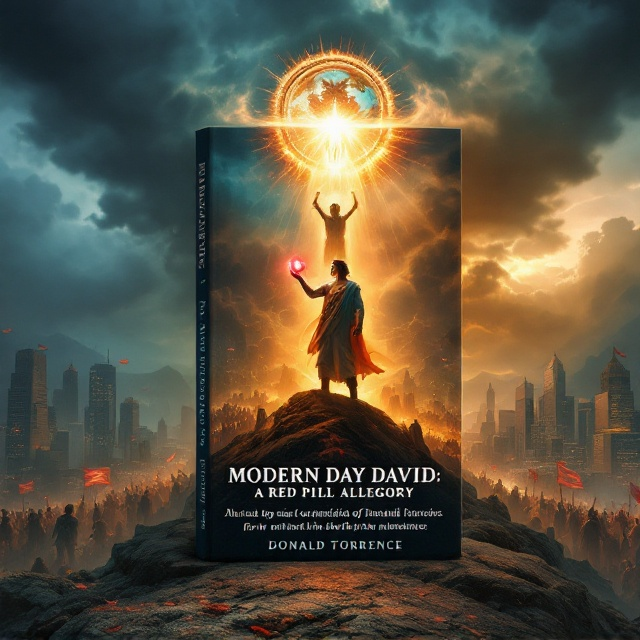 The cover features David prominently in the foreground. He stands atop a rugged hill, holding a glowing Bible in one hand and an incandescent red pill in the other. To his left are towering, shadowy skyscrapers, under a dark, ominous sky occupied by unsettling figures, with a chained crowd below signifying oppression. To his right lies a hopeful cityscape illuminated by golden sunlight, where people are free and flags wave triumphantly. Behind him is a fractured statue of a serpent around a globe. Above all, clouds part to reveal a faint slingshot, a nod to the Biblical story.