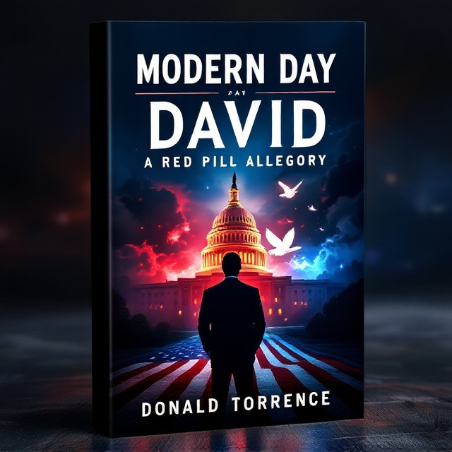 The cover features a dramatic night scene of the U.S. Capitol, bathed in a mix of red and blue spotlights. In the foreground stands a silhouetted politician, his shadow stretching over an American flag that appears slightly tattered, symbolizing struggle and corruption. Above the Capitol, a dove in flight is subtly illuminated, representing peace and hope amidst chaos. Clouds around the capitol are tinged with both darkness and the faint glow of dawn.