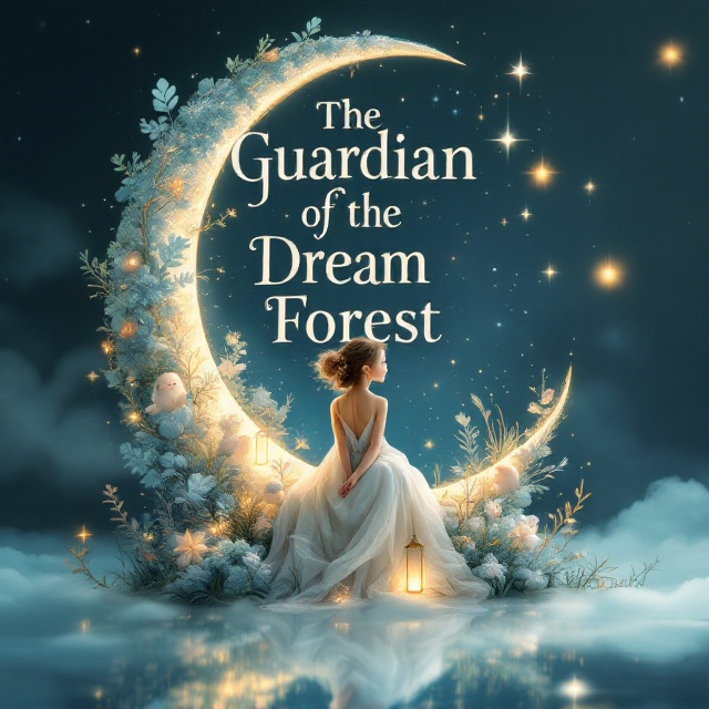 A tranquil scene featuring a little girl, adorned in a flowing, ethereal gown, sitting gracefully on a crescent silver moon. She is surrounded by whimsical characters such as gentle forest creatures, floating lanterns, and dream-like plants. The background transitions from a deep navy at the top to a soft blue near the bottom, giving a serene, dream-esque quality. Gentle streaks of stardust and twinkling stars add to the enchanted setting.