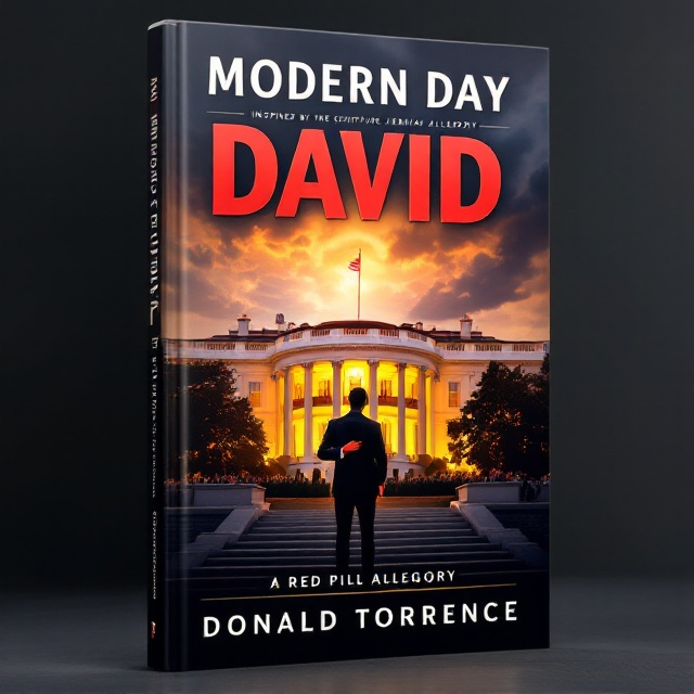 The cover showcases a dynamic scene where the commanding figure, representing David, stands resolutely at the forefront of the steps leading to the White House. He is depicted in a sharp suit, with his right hand over his heart and his left hand gripping a subtly glowing Bible. The background features a majestic view of the White House enveloped by the warm hues of a setting sun, while the American flag proudly waves above. The sky is a dramatic transition from stormy clouds to bright sunlight, and the words “Inspired by the Scripture Jeremiah 3315” are artistically etched into the clouds. Below, the faint silhouettes of a supportive crowd depict hope and unity.