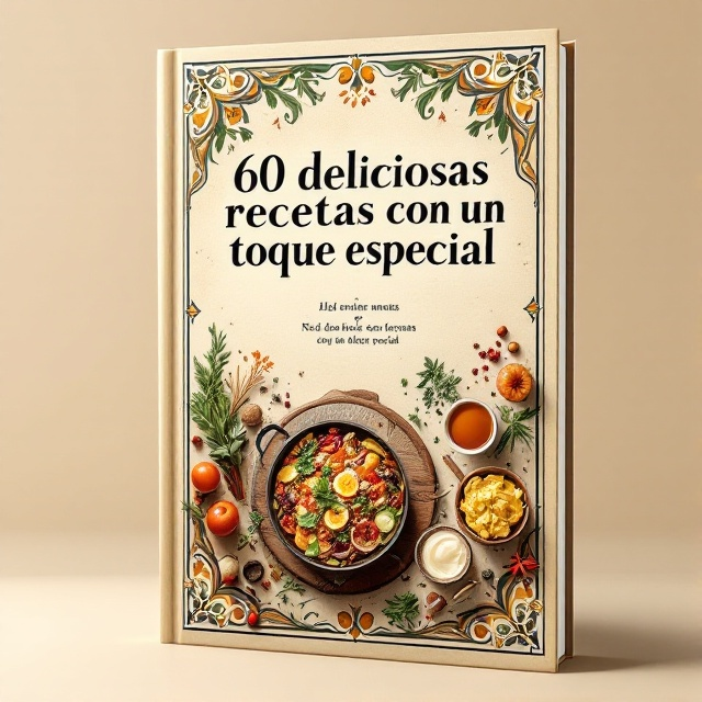 The cover features a central image of a rustic kitchen setting with various dishes beautifully arranged, each exuding warmth and freshness. The background boasts a soft beige hue, creating a cozy and inviting feel. Scattered around are subtle illustrations of spices and herbs, adding an artistic touch.