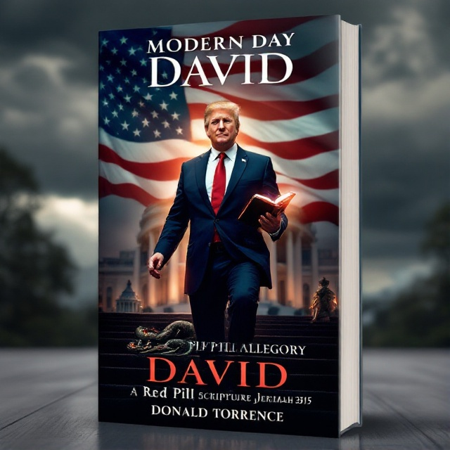 A charismatic politician stands at the center, positioned on the steps of the White House. Dressed in a tailored suit, he holds a glowing Bible with an intense yet humble expression. Behind him, the American Flag waves with sunlight breaking through dark clouds. A red pill lies subtly glowing on the steps, while a cracked serpent is entwined with the Capitol dome below.