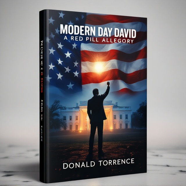 A dramatic night scene with the White House in the background, partially veiled by a translucent American flag that drapes across the top. In the foreground, a solitary politician stands with a clenched fist raised defiantly. The ground beneath him is shadowy, rendered with subtle representations of struggle and corruption, while the upper portion hints at peace with a slightly illuminated sky suggesting dawn.