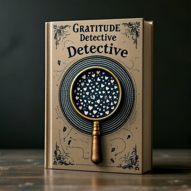 The cover features a central illustration of a classic detective's magnifying glass, with the lens occupied by an intricate design of hidden hearts and tiny footprints. In the background, a subtle pattern of concentric circles creates a sense of depth and mystery. Dotted paths meander across the cover, with small icons of detective tools like binoculars and a notebook scattered artistically as if they are clues waiting to be discovered.