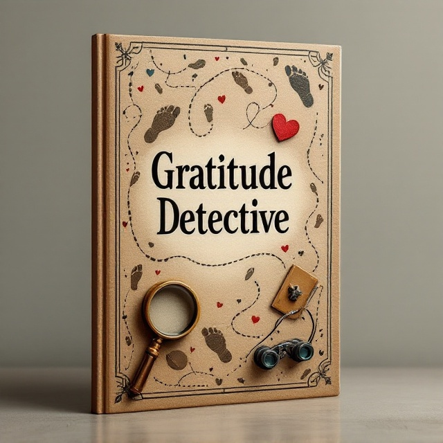 The cover features an artistic blend of detective tools a central magnifying glass, surrounded by faint footprints leading the eye toward a vintage notebook and tiny binoculars. Subtle hidden hearts are interspersed with other elements, creating a sense of discovery and secretiveness. These elements are framed by a border of more distinct footprints and dotted paths that wind playfully across the design.