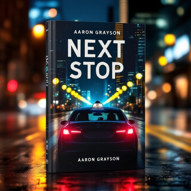 A nighttime cityscape features prominently, with blurred lights simulating movement. A rideshare car, emitting soft interior light, hints at lively conversations. The skyline is marked by illuminated skyscrapers, and subtle reflections on wet streets add depth and realism. The cover is split diagonally, emphasizing the directionality of the journey, with passengers visible through the car windows.