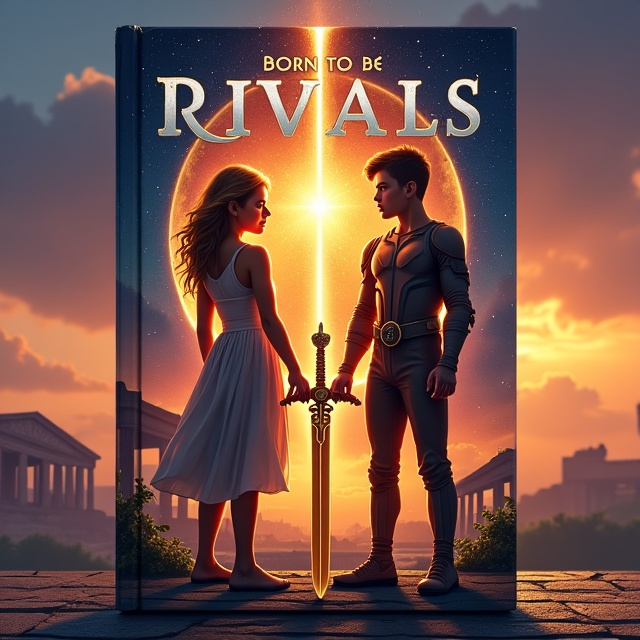 A dynamic scene of a modern cityscape fading into an ancient Greek temple at dusk. In the foreground, a teenage girl with golden hair and a sunburst aura stands opposite a muscular teenage boy clad in modern armor with a faint glow of a red aura. Between them is a gleaming bow crossed with a golden spear, symbolizing love, hatred, and adventure. Above them, the constellations form the imagery of a lyre and a sword intertwined, resonating with the elements of science fiction and Greek mythology.