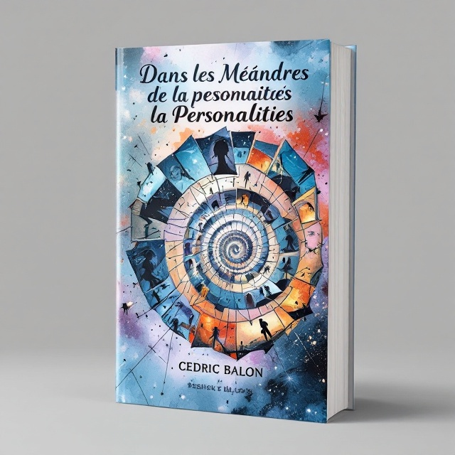 The cover features a constellation of fragmented mirror shards, each reflecting a different facial expression or silhouette, arranged in a spiral pattern symbolizing the labyrinth of human personalities. The background is a blend of soft blues and violets with contrasting splashes of vibrant oranges and reds. Interspersed among the mirror shards are stylized silhouetted figures and interweaving lines, adding depth and dimension to the thematic concept.