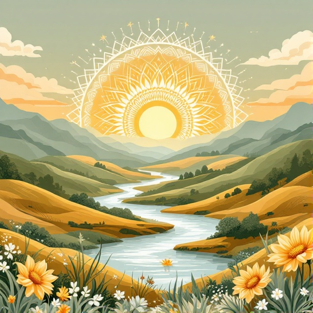 A serene landscape with rolling hills and a gentle, flowing river with a mandala sun rising in the background. The cover is infused with earthy tones of terracotta, sage green, and sunny yellow, with delicate waves and intricate mandala patterns that radiate across the sky, symbolizing the flow of positive energy.