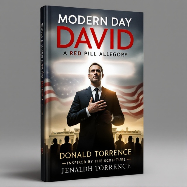 A man in a tailored suit stands firm at the center, with one hand over his heart and the other holding an open Bible, glowing faintly. Behind him, the American flag waves above the illuminated White House. The sky transitions from stormy gray to a clear sunrise, with sunlight rays forming a subtle cross behind him. Six shadowy figures lurk in the background. At the bottom, "Inspired by the Scripture Jeremiah 3315" is elegantly written.